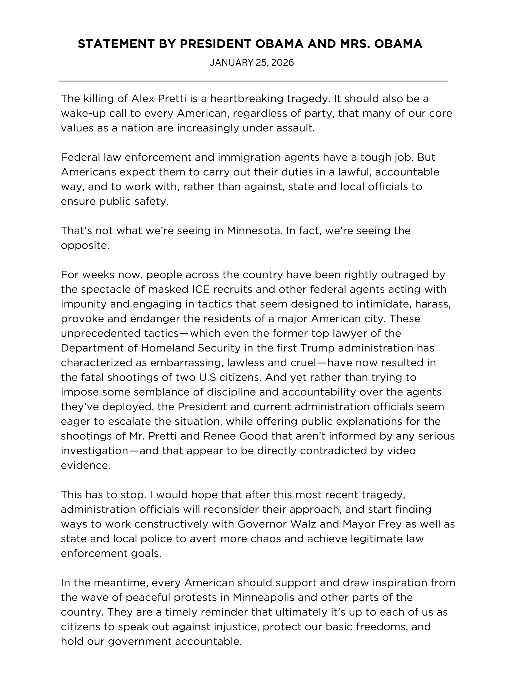 Obamas speak out about Alex Pretti & Renee Good